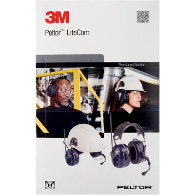 The image shows an advertisement for 3M Peltor LiteCom Headsets. Two people are wearing protective helmets with headsets in an industrial environment.