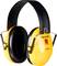 Yellow ear protection headphones with a black headband and ear cushions. On the exterior, the word 'Peltor' and a safety symbol are visible.