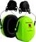 Green ear defenders with black inner padding, suitable for noise protection, with a black headband for securing.