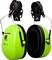 A pair of green ear defenders with a black headband and mounts, suitable for noise protection in an industrial environment.
