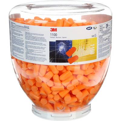 A large dispenser containing 500 pairs of orange 3M earplugs with a noise reduction rating of 29 dB, packaged in a clear container.