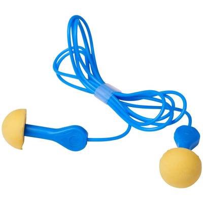 Blue earbuds with yellow foam tips, the cable neatly coiled.