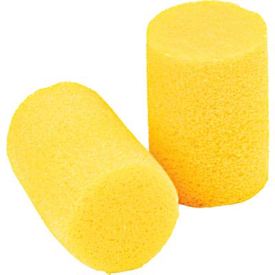 Two yellow foam earplugs on a white background.