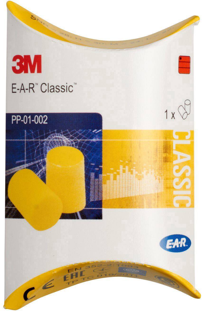 3M E-A-R Classic earplugs in yellow packaging, suitable for noise protection. Background design shows technical graphics.