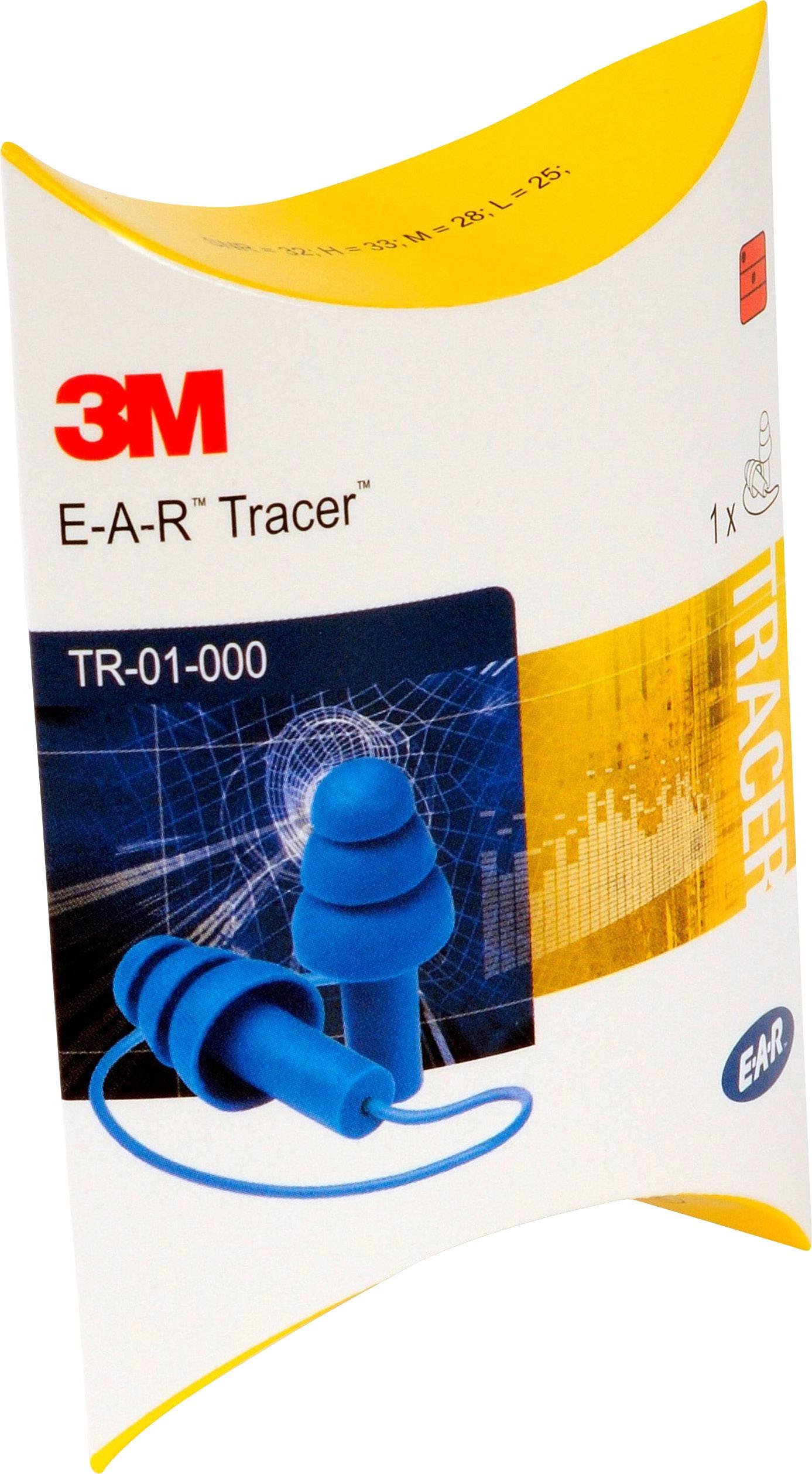 Blister packaging from the 3M brand shows blue earplugs with a band from the E-A-R Tracer series. The product name 'TR-01-000' is visible.