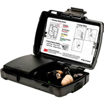 Open protective case with earplugs and instruction manual. Case shows charging indicator and button details for volume and power.