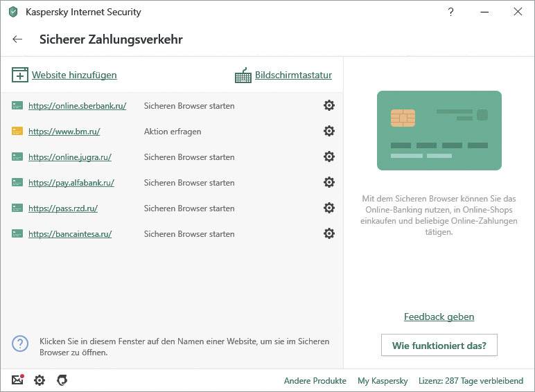 'Secure Payment' window from Kaspersky. Links to multiple banks are displayed. Options for adding websites and using the secure browser are available.