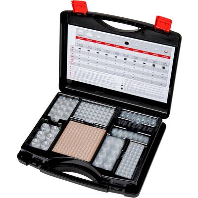 Opened black case with various sample vials and tubes, arranged in compartments, with a table in the lid.