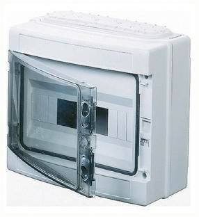 A white plastic electrical fuse box with a transparent, hinged cover.