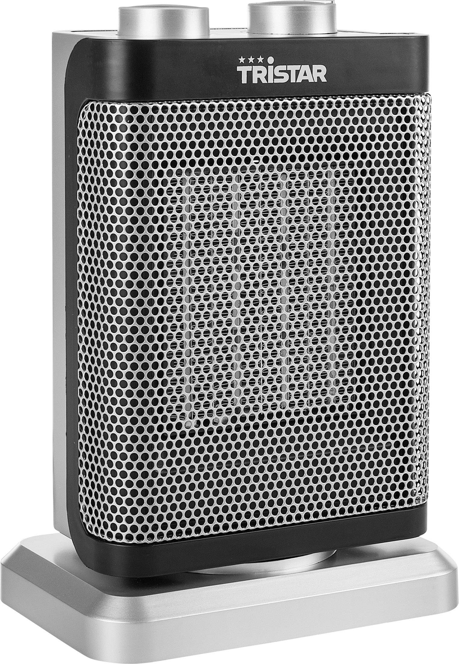 Electric fan heater with digital display, rectangular design and metal grille. Brand name visible at the top.