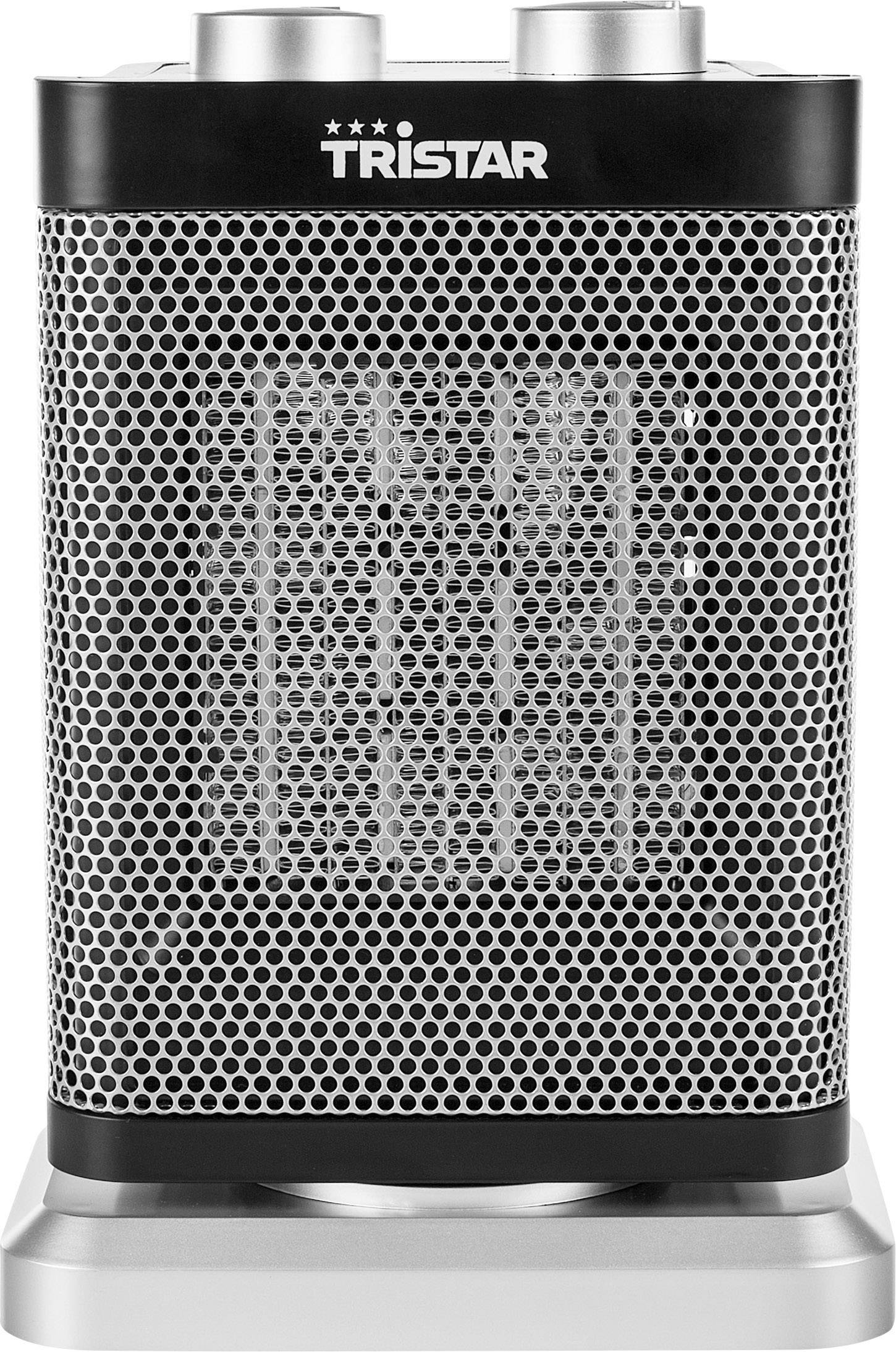 Electric fan heater with silver grille and two controls on top. 'Tristar' brand is visible. Compact, modern design.