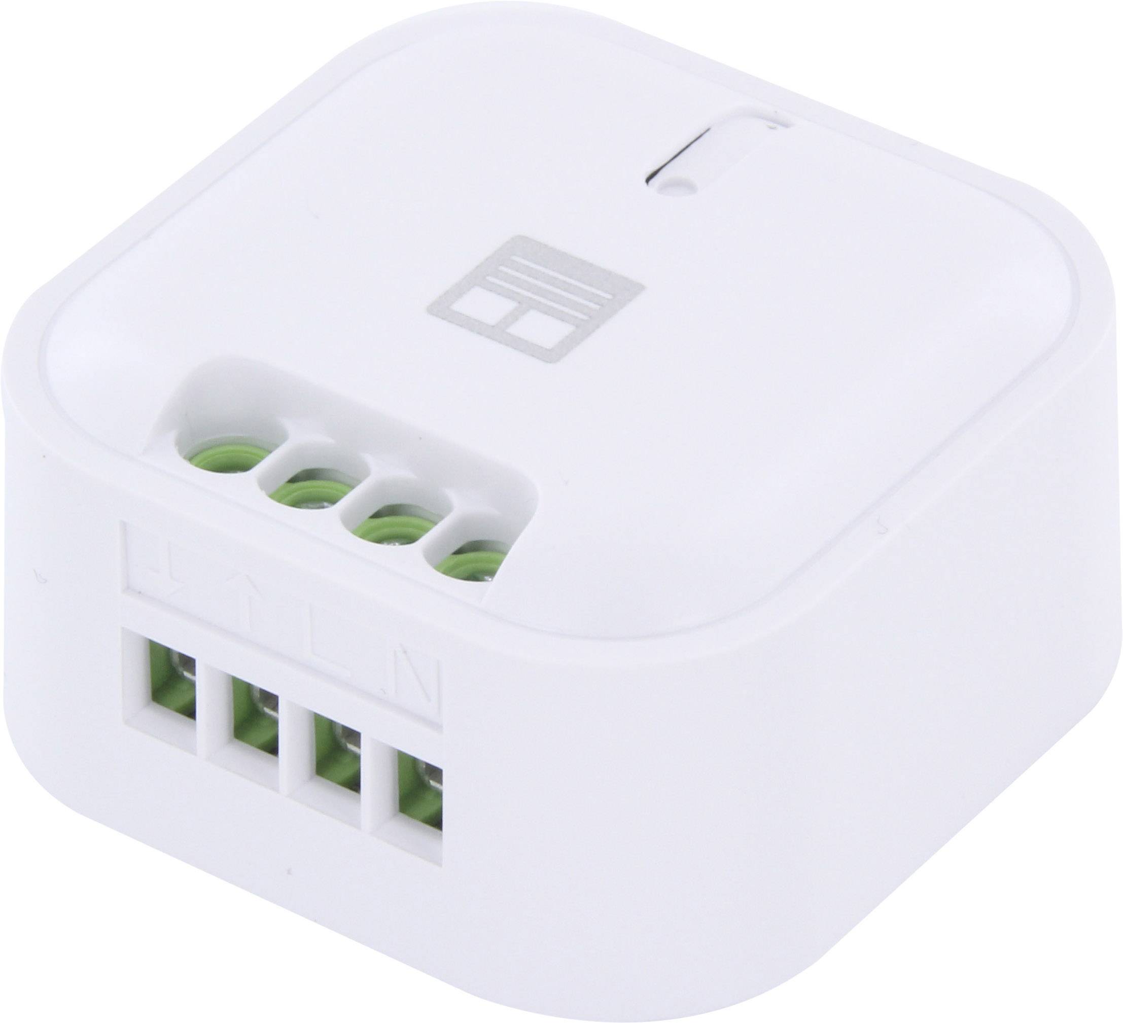 A square, white electronic device with multiple socket connections, possibly a switching control module.