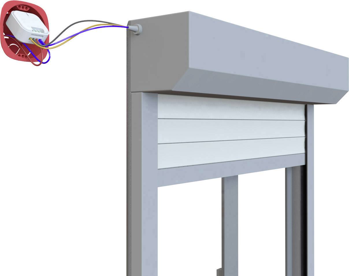 Electric roller shutter control, with a wall-mounted switch wired to a motorised roller shutter.