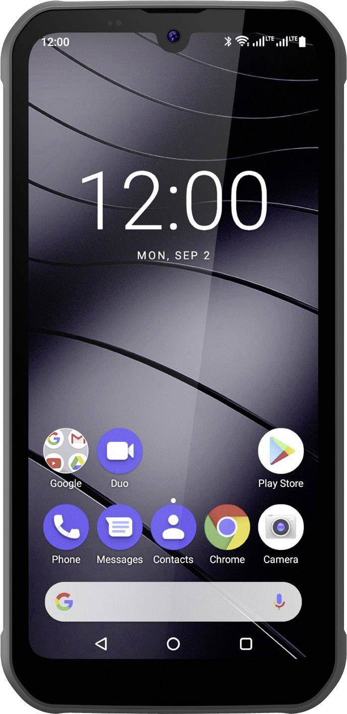 A smartphone with a robust case displays the home screen showing the time as 12:00 and standard apps such as Phone, Messages, and Camera.