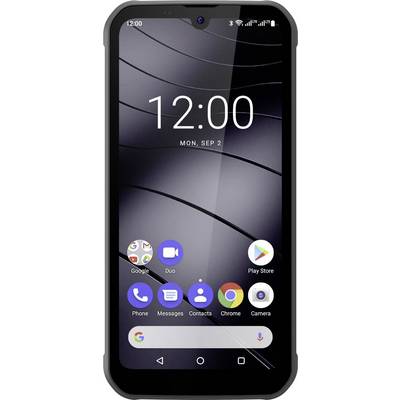 A smartphone with a robust case displays the home screen showing the time as 12:00 and standard apps such as Phone, Messages, and Camera.