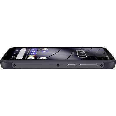 Smartphone in black with a robust design, side view. Two buttons and the screen displays the time '12:00'.