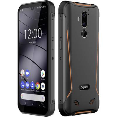 A robust smartphone by Gigaset with a black case and orange accents, viewed from front and back; displaying the time as 12:00.