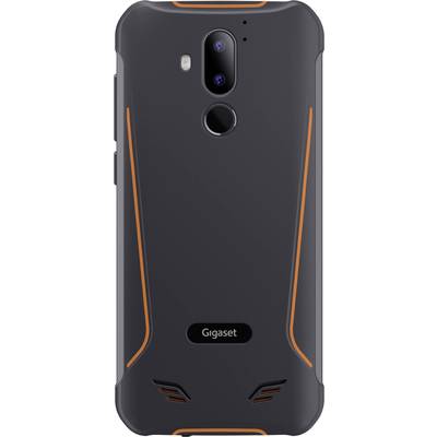Smartphone rear with two camera lenses, a fingerprint sensor, and orange accents. 'Gigaset' brand name visible.