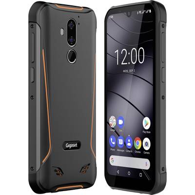 Two robust smartphones, front and rear views. The display shows the time 12:00. Rear side with dual camera and fingerprint sensor.