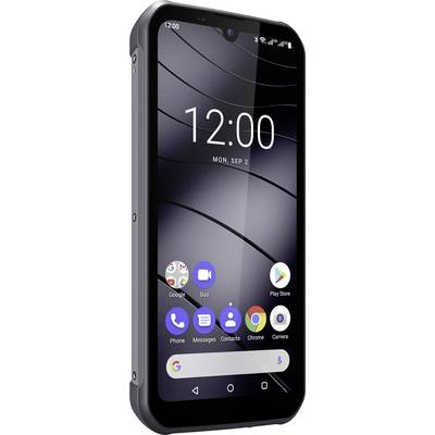 A robust smartphone with a black casing and an active display showing the date and time (12:00, Monday, 2nd September).