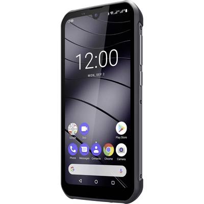 A smartphone with a screen display; shows the time as 12:00 and several app icons such as Phone, Messages, and Chrome.