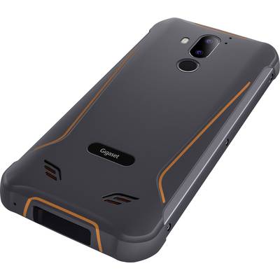 A robust, black smartphone with orange accents, rear camera, 'Gigaset' logo visible, side buttons.