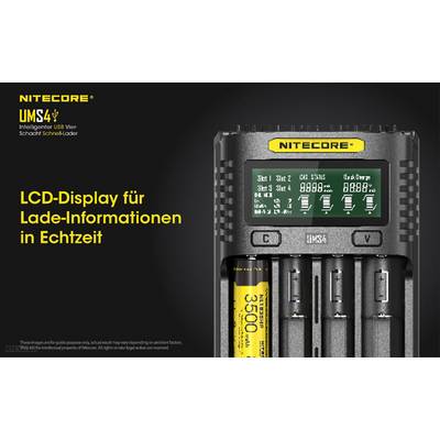Nitecore UMS4 Charger with USB connection, displaying real-time charging information for four AA batteries on an LCD screen.