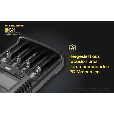 A charger with four slots, highlighted by the text 'Manufactured from robust and flame-retardant PC materials'.