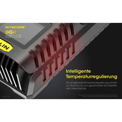 Charger with integrated temperature regulation, prevents overheating and ensures stable charging conditions. Nitecore UMS4.