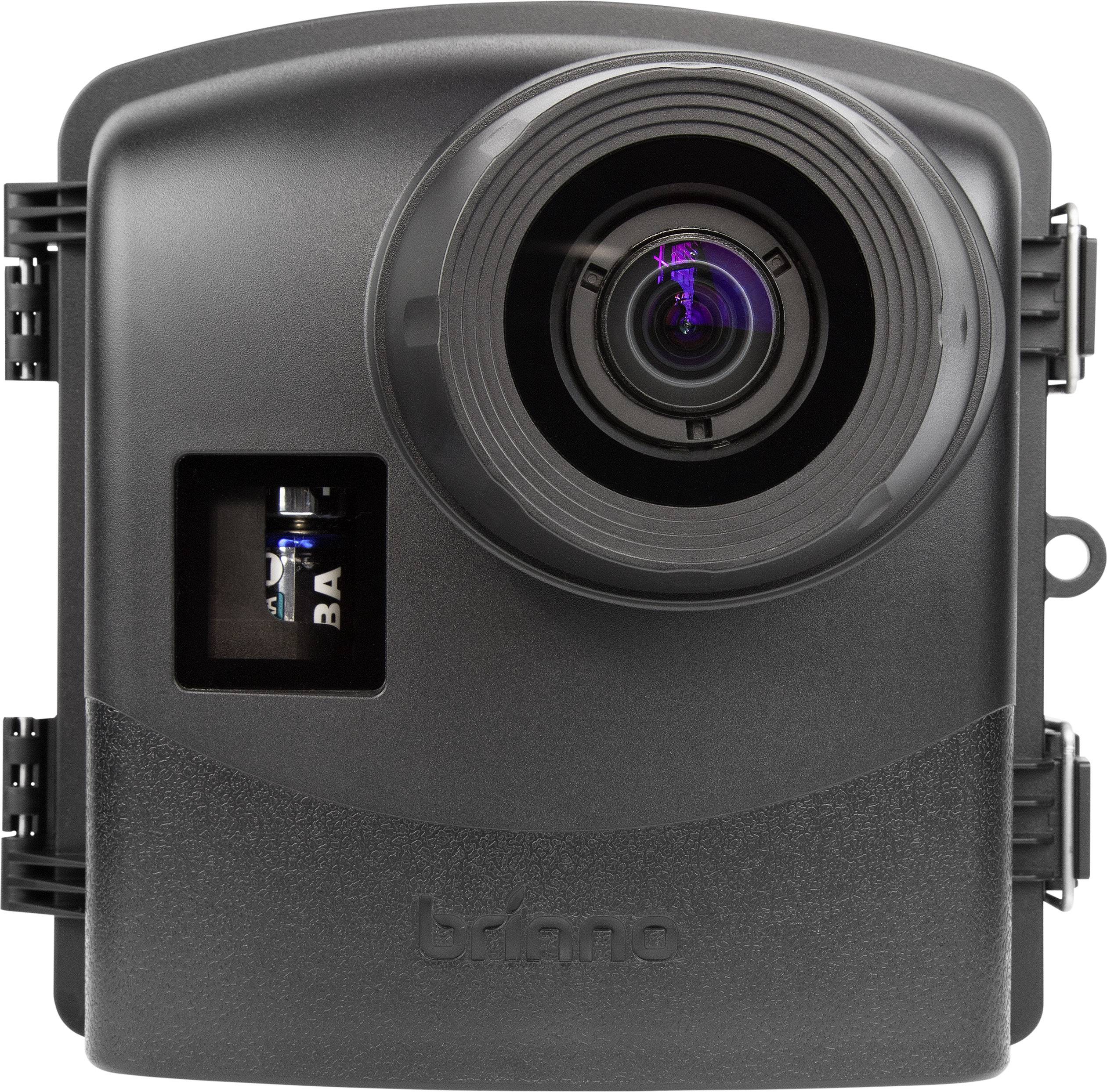 A black time-lapse camera with a large, central lens and a small LCD display positioned to the left underneath it.