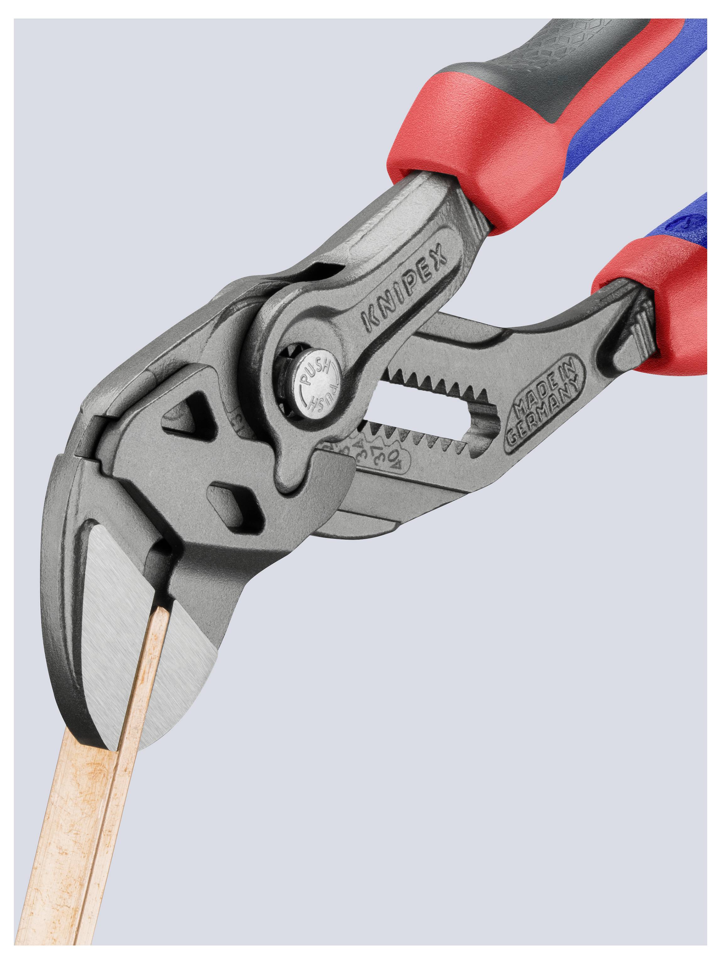 Pliers cutting a copper wire, showing precise cutting feature with ergonomic handle design.