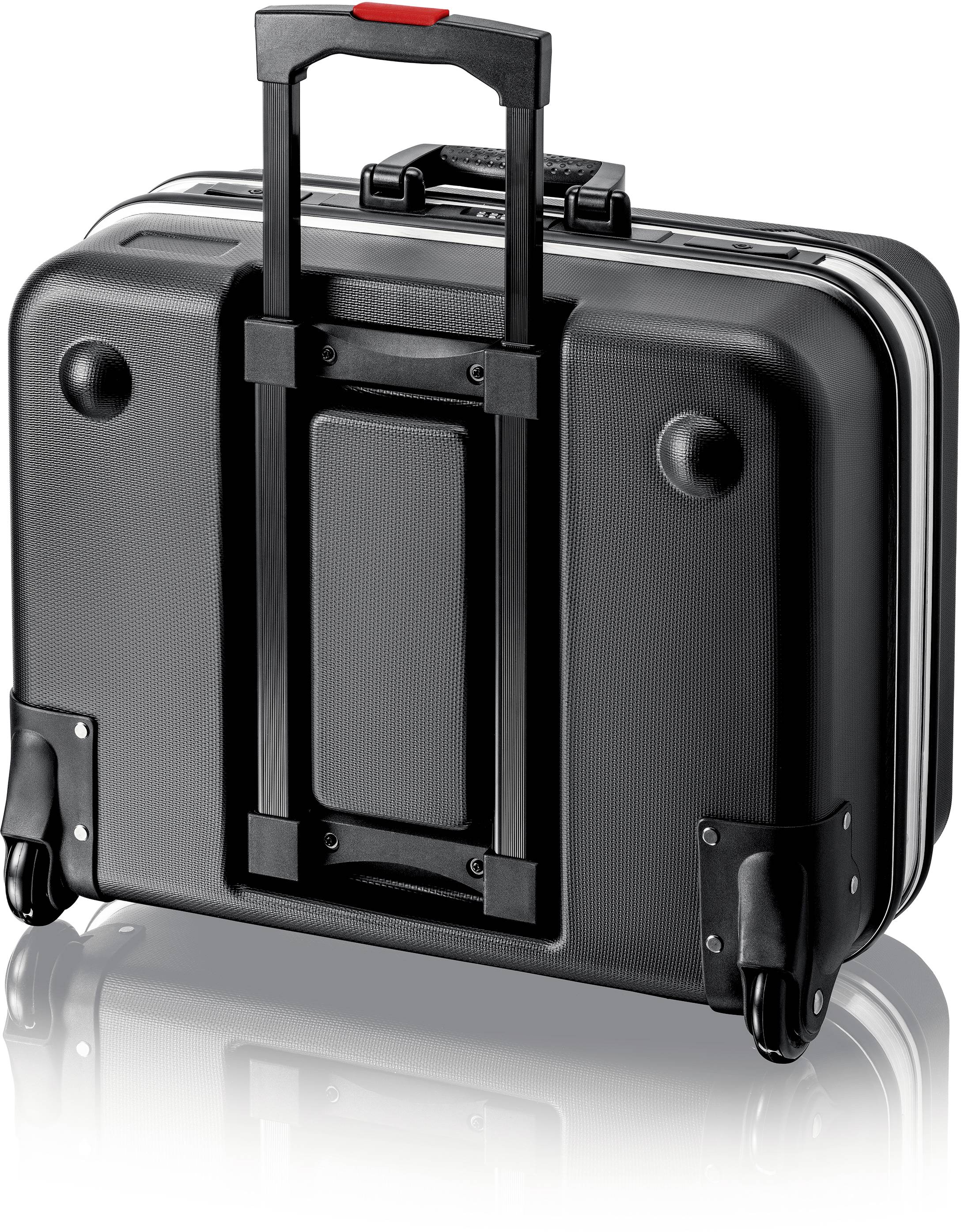 Black hard-shell suitcase with extendable handle and wheels, standing upright. Ideal for travelling, sturdy and easily portable.