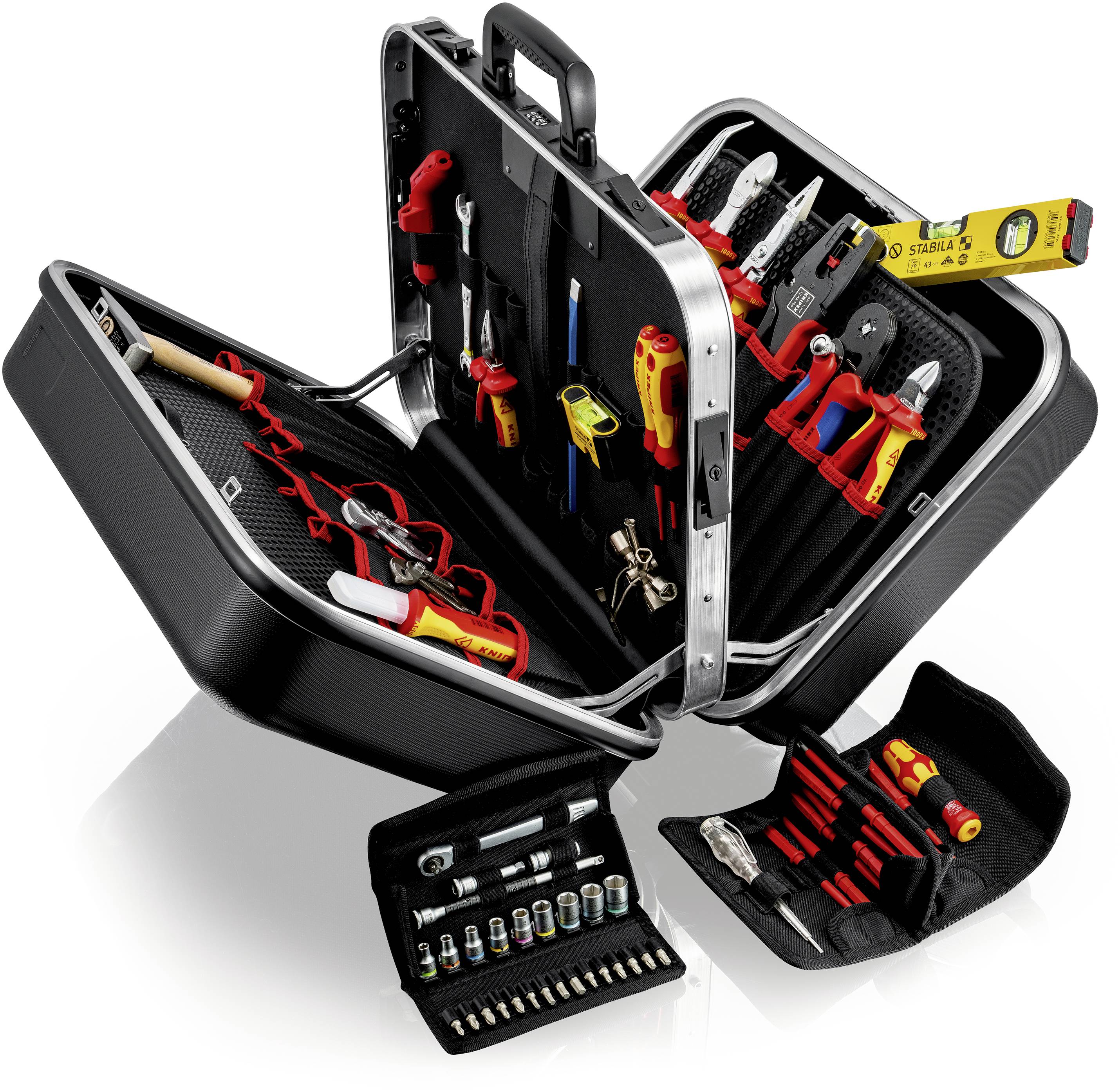 'Toolbox, opened, shows various tools such as pliers, screwdrivers and measuring device in organised compartments.'