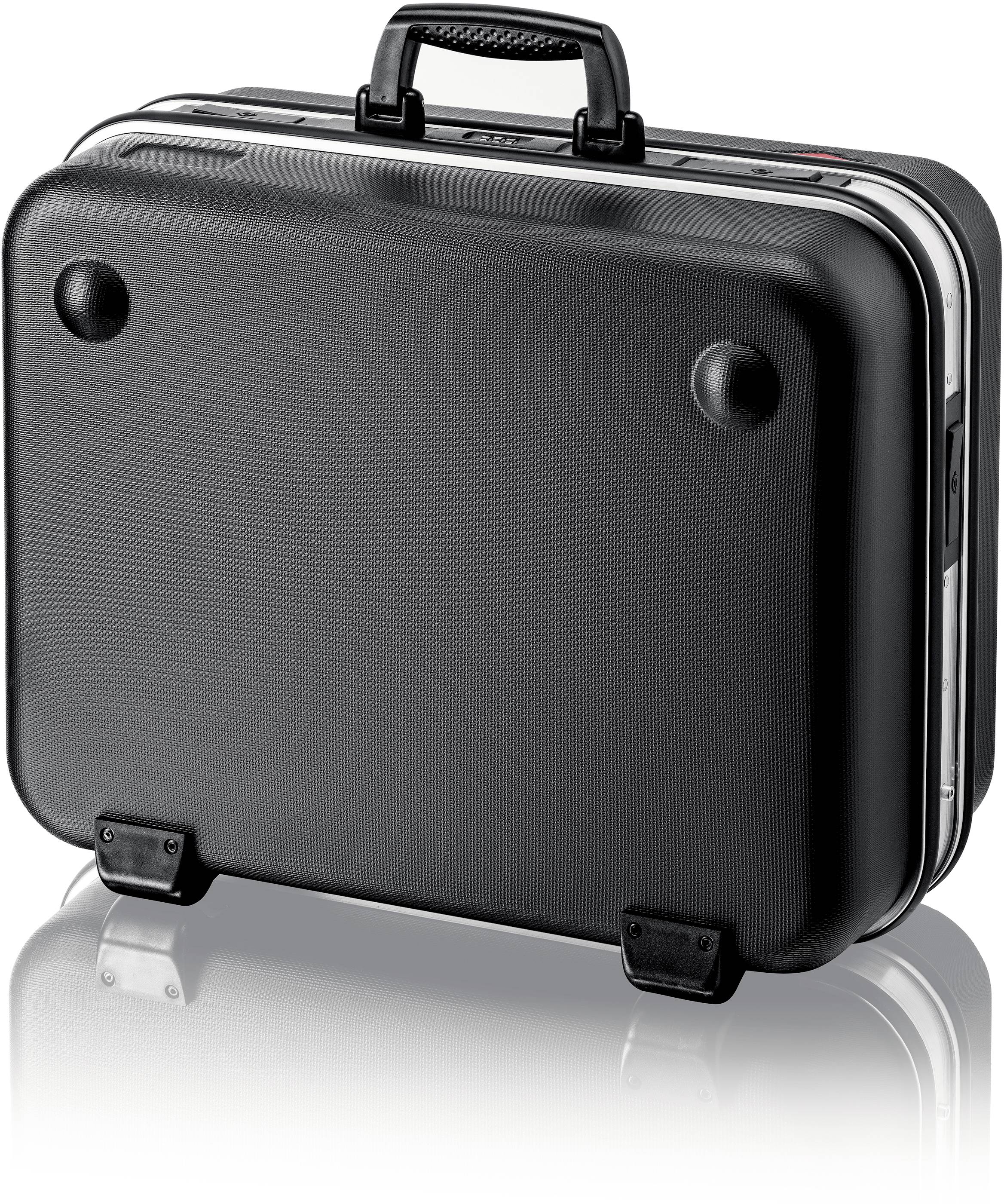 A black, sleek briefcase with a sturdy handle and two support feet, stands upright on a reflective surface.