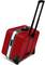 Red suitcase with telescopic handle and wheels, viewed from the side. The surface is smooth and glossy.