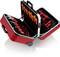 An open red toolbox with various screwdrivers and pliers neatly stored in organised compartments.