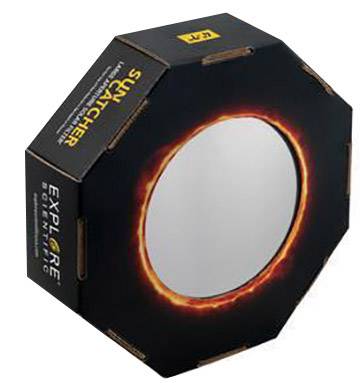 A octagonal telescope accessory named 'SUNCATCHER' by Explore Scientific. Displays stylised solar corona on a black background.