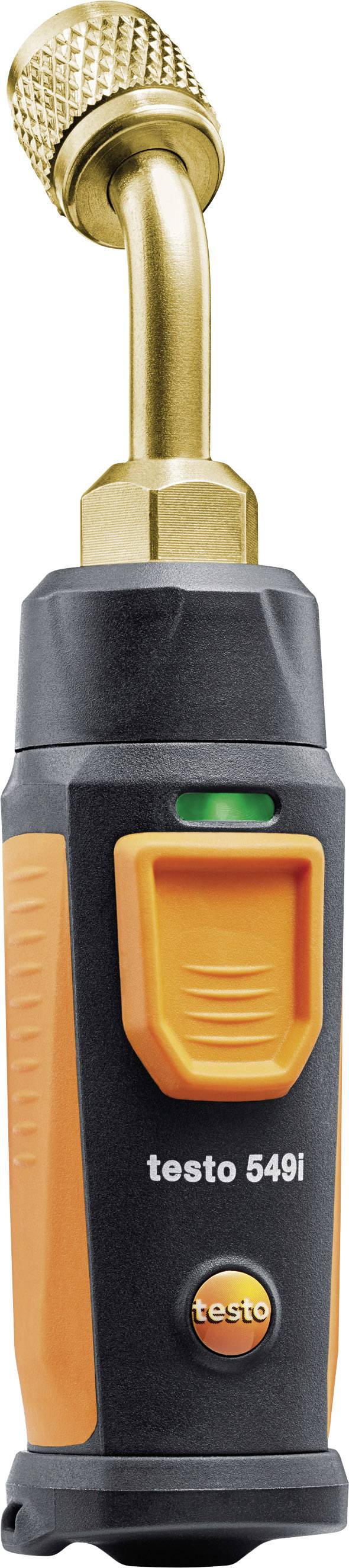 A digital pressure gauge with a yellow-golden connection at the top, orange-black housing with the inscription 'testo 549i', for pressure measurement.