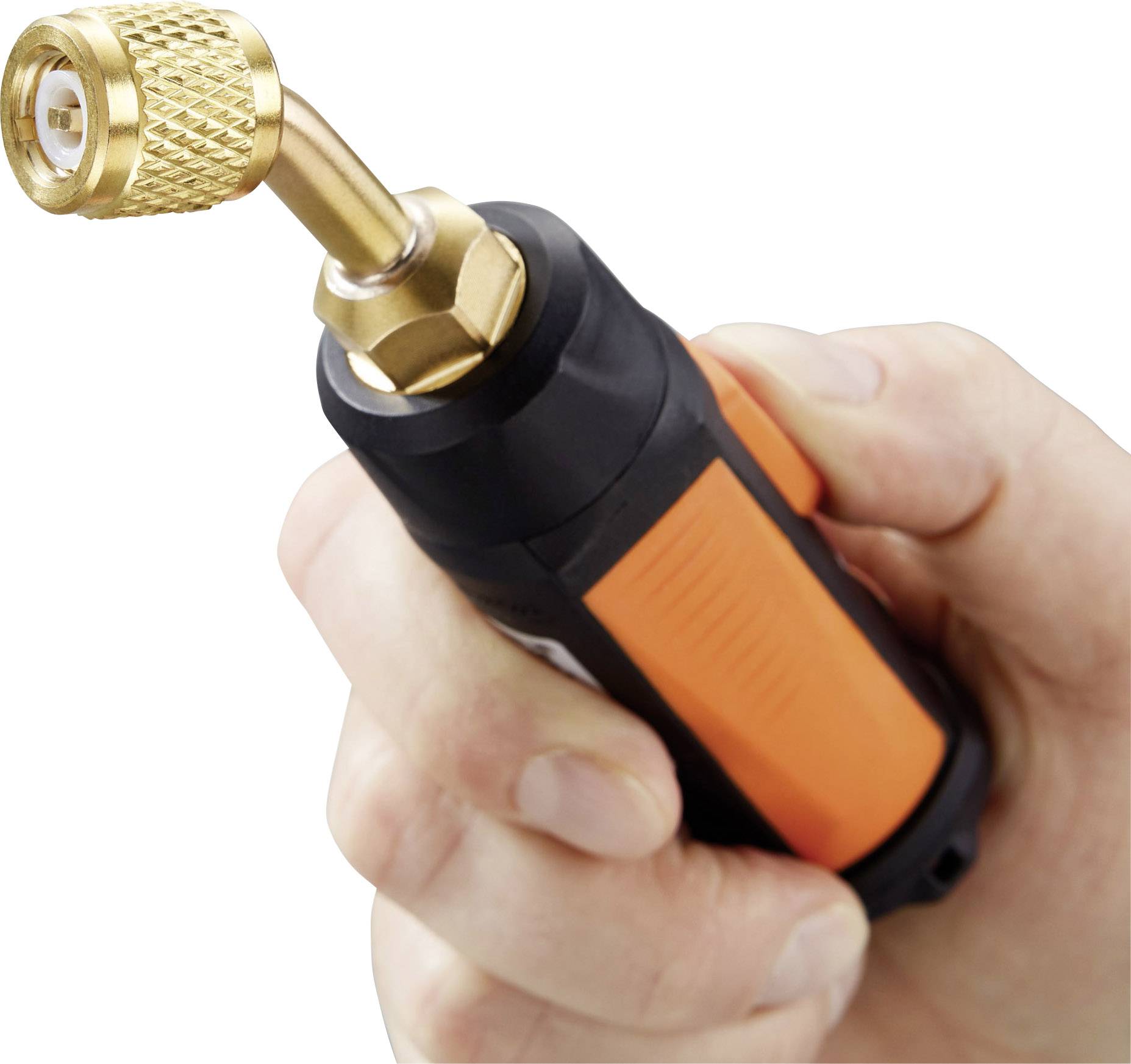 A hand is holding a soldering iron with an orange handle, ready for use. The focus is on the golden tip of the iron.