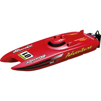 Remote-controlled, red racing boat with 'Adventure Racing' written on the front. Aerodynamic design and sports stickers.