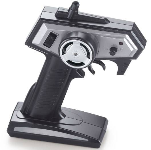 Remote-controlled car remote control with a control lever and rotary knob on a base, predominantly in black.