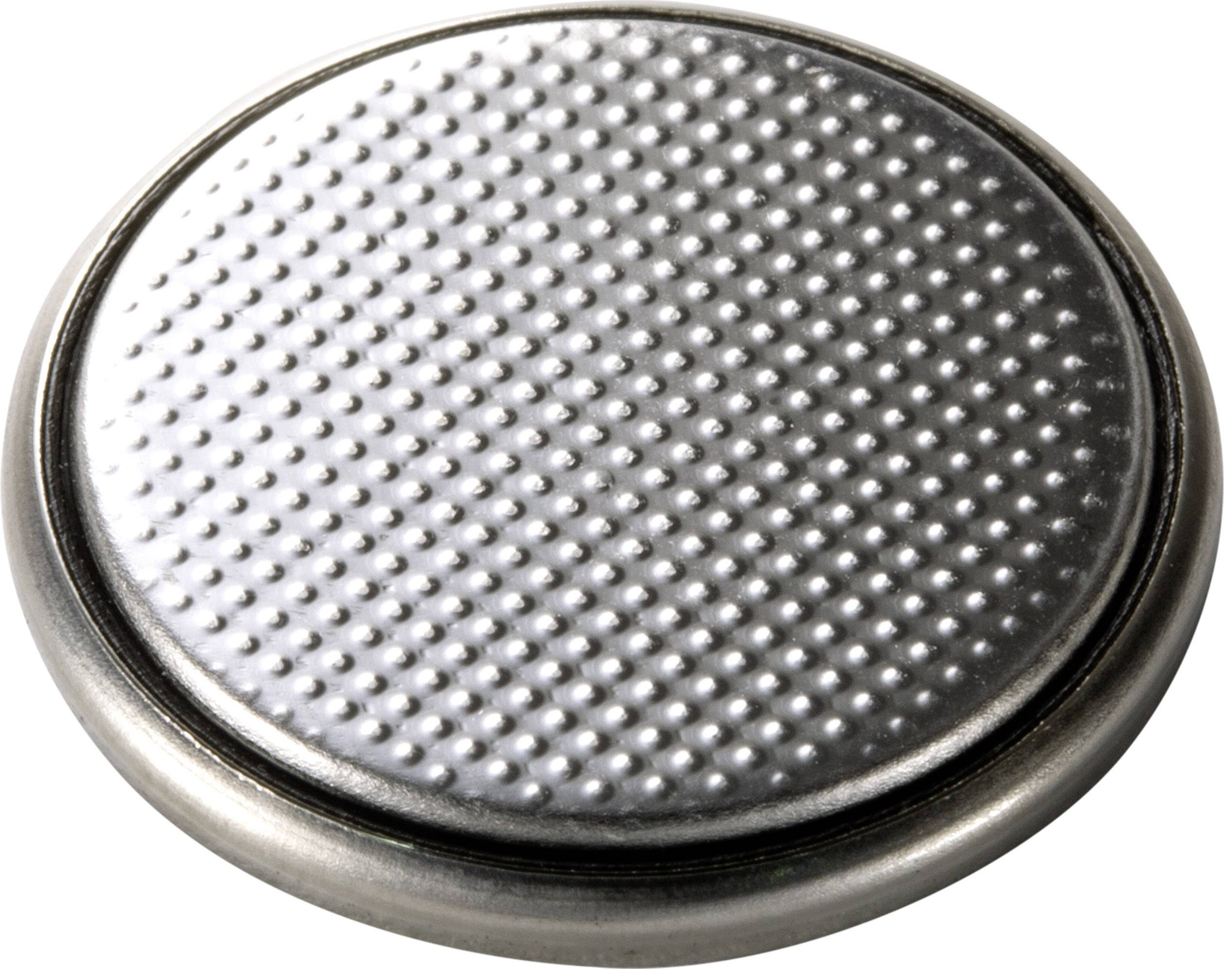 A silver button cell battery with an embossed surface, typically used in small electronic devices.