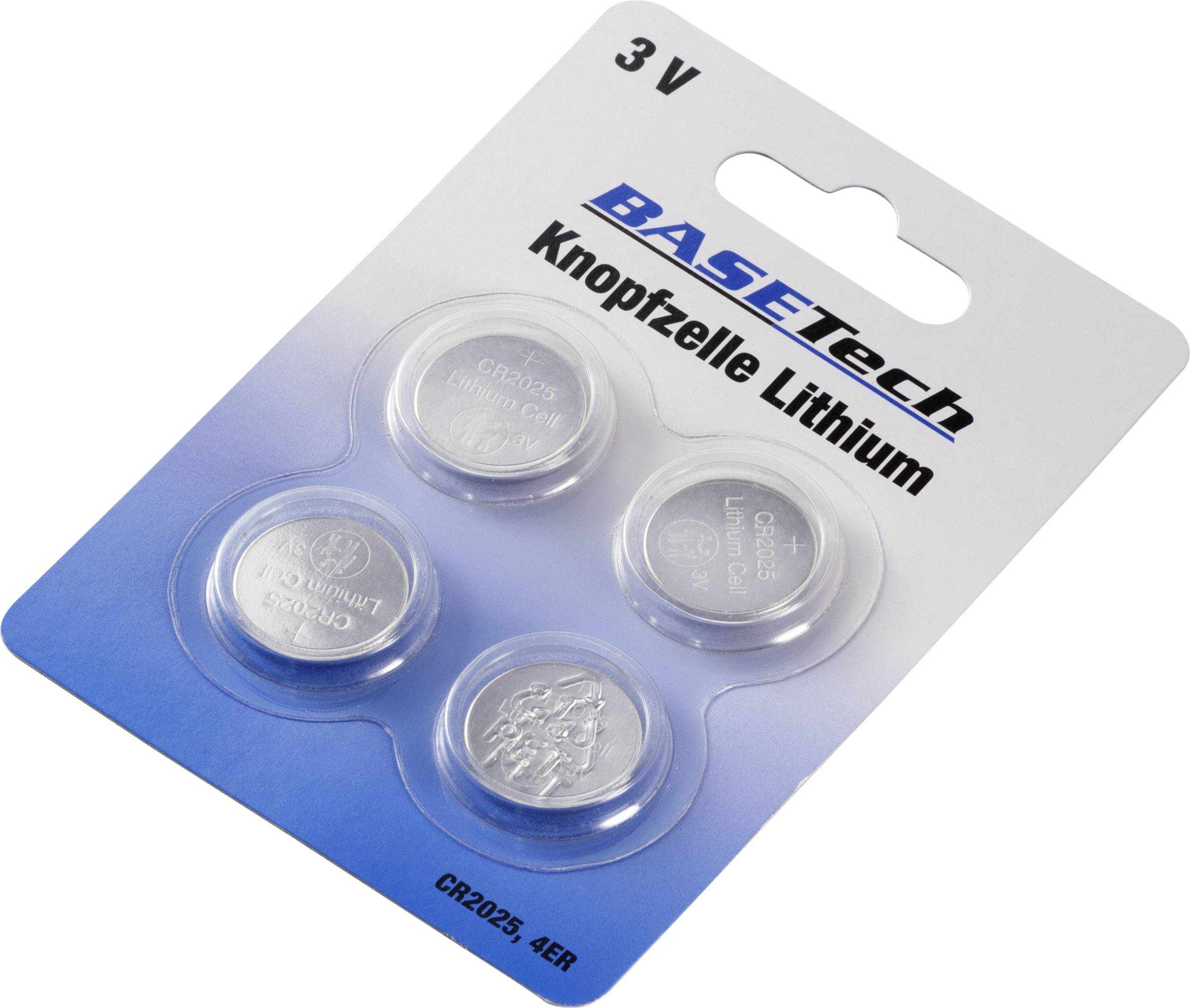 Four button cells on a blister pack. Label reads: 'BASEtech', '3V', 'CR2025'. Contains lithium batteries.