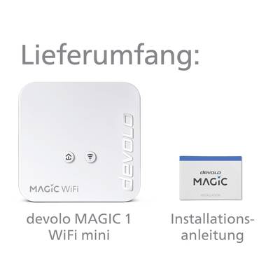 'Contents: devolo MAGIC 1 WiFi mini and Installation Guide' shows a white WiFi device and a manual.