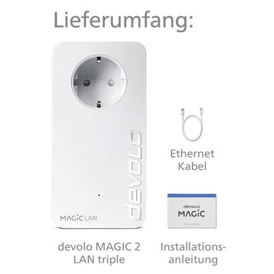 Included in the package: One Devolo MAGIC 2 LAN Triple Adapter, an Ethernet cable, and an installation manual.