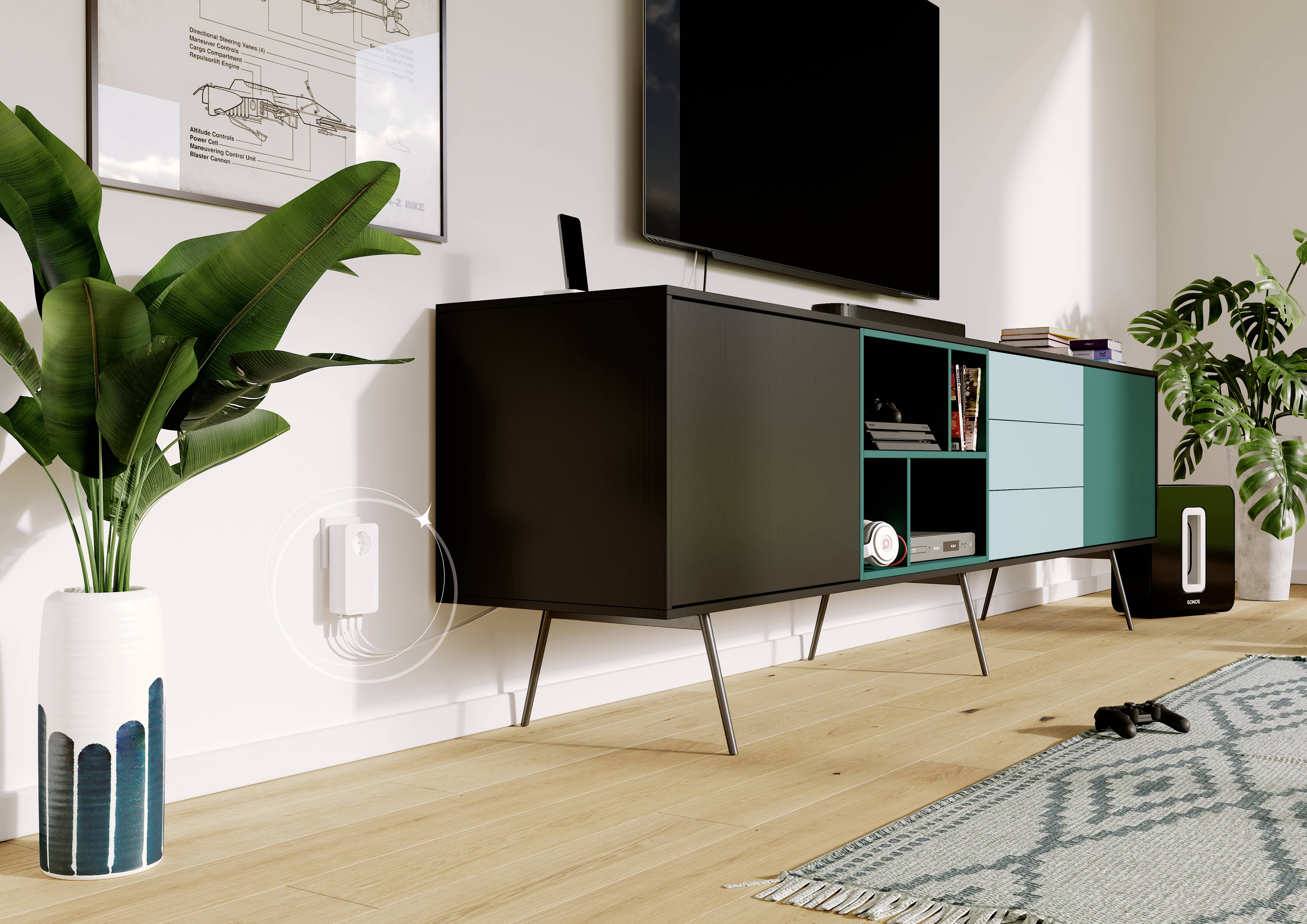 Modern living room with a sideboard, television, plants and wooden flooring. Scandinavian design with minimalist furniture.