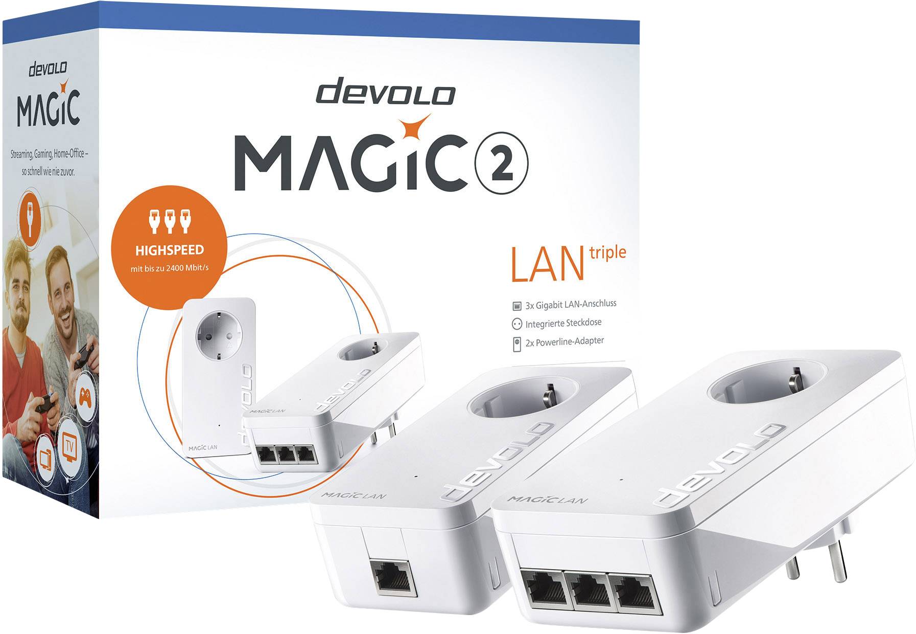 The 'Devolo Magic 2 LAN triple' packaging shows a powerline adapter with three LAN ports for a fast home network over electrical wiring.