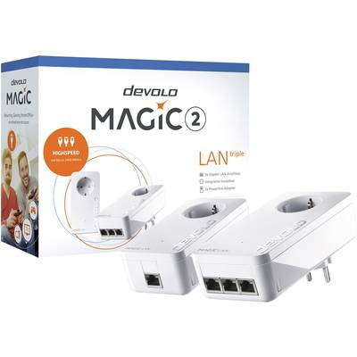 The 'Devolo Magic 2 LAN triple' packaging shows a powerline adapter with three LAN ports for a fast home network over electrical wiring.