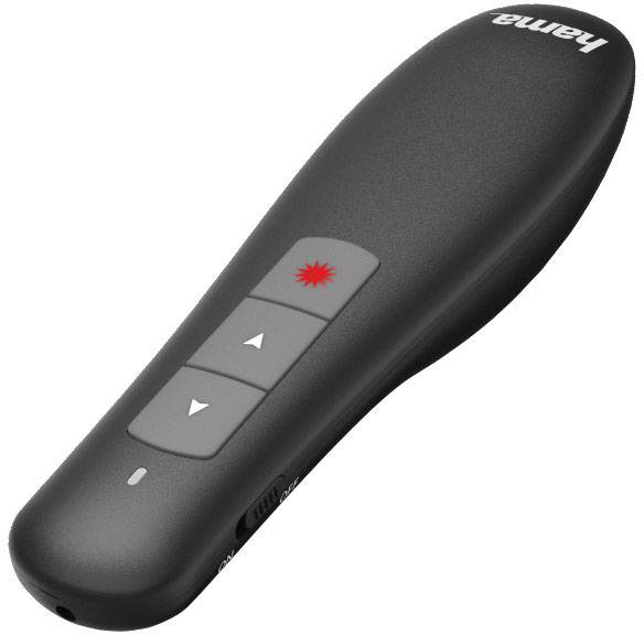 Black presentation remote control with red laser pointer and two buttons for slide navigation. Brand name 'Hama'.