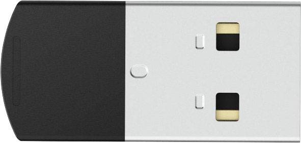 A USB adapter in close-up, partly black, partly silver, with two golden contacts and a small button in the centre.